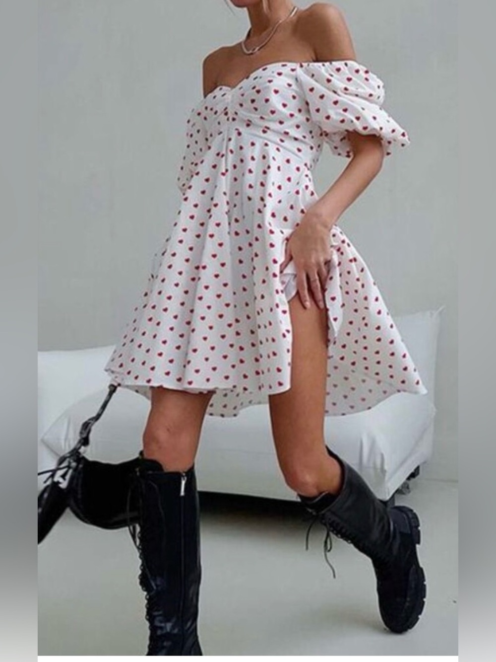 Commense Romantic Off-Shoulder Heart Print Mini Dress Puff Size Small